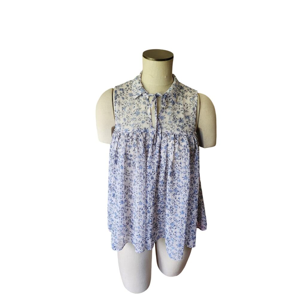 Lauren Conrad Blouse Cream and Blue Floral Sleeveless Womens XS‎